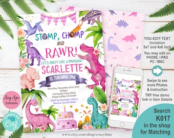 Girl Dinosaur Birthday Invitation Cute Dino Pink & Purple Birthday Party Invite. Jurassic Pink T-rex Editable Digital Download Template K017