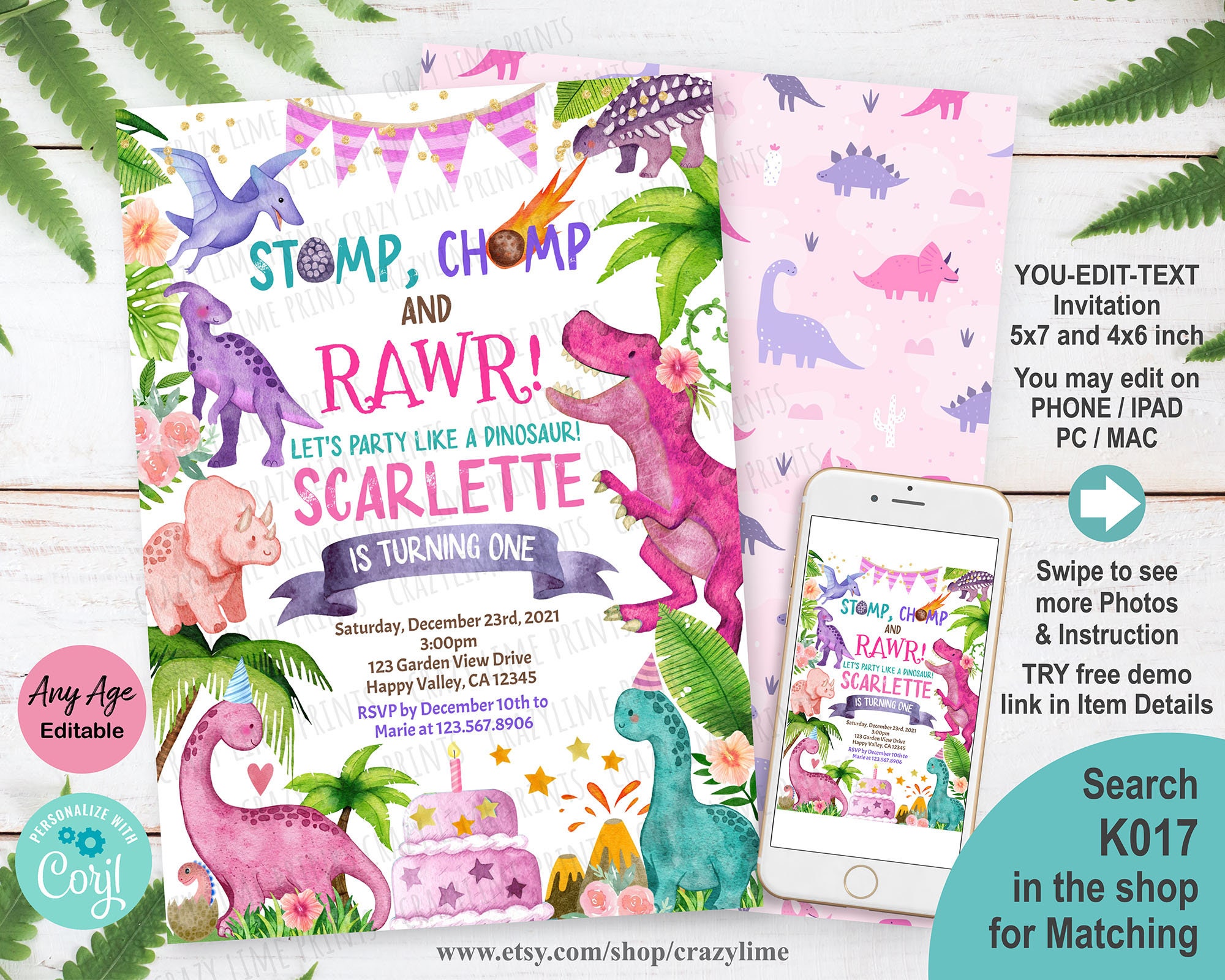 Girl Dinosaur Birthday Invitation Cute Dino Pink & Purple Birthday Party Invite. Jurassic Pink T-rex Editable Digital Download Template K017