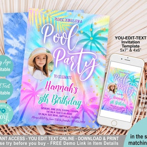 Editable Girl Pool Party Photo Invitation Template. Pastel Rainbow Tie Dye Summer Birthday Invite. Any Age. Corjl Printable Digital S004