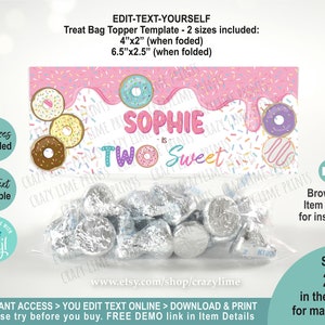 EDITABLE Donut Two Sweet 2nd Birthday Candy Treat Bag Topper Template. Printable Pastel Pink Party Favor Label. Personalised Goody Tag 2039
