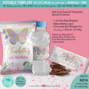 Puede incluir: Plantillas editables e imprimibles para una fiesta de cumpleaños de 6 años. El conjunto incluye una envoltura para bolsa de patatas fritas, una etiqueta para botella de agua y una envoltura para barra de chocolate. Todos los artículos presentan un fondo de arcoíris con una mariposa y detalles florales. El texto en las etiquetas dice "Charlotte's 6th Birthday".