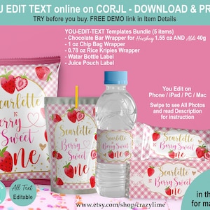 EDITABLE Strawberry Berry Sweet One 1st Birthday Party Favors Bundle Set of 5 Templates. Printable Treat Chip Bag Candy Bar Juice Label S017