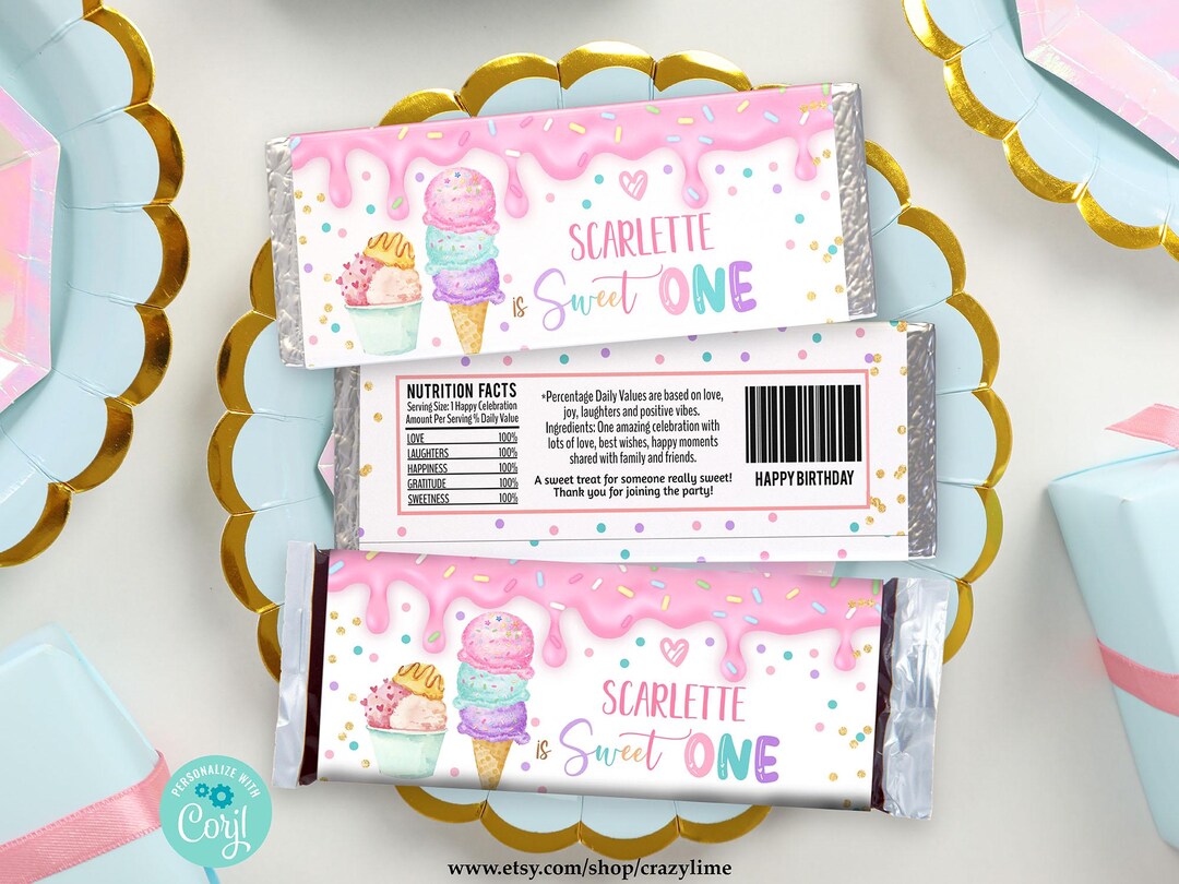 EDITABLE Ice Cream Sweet ONE 1st Birthday Candy Bar Wrapper Template ...