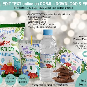 EDITABLE Dinosaur Birthday Party Favors Bundle Set of 5 Templates. Any Age Kid Boy Printable Chip Bag Candy Bar Juice Treat Gift Label K017