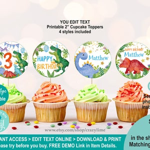 EDITABLE Dinosaur Birthday Party Cupcake Toppers. Personalised Cute Dino Party Table Decor. 2 inch Circles Printable Labels. Corjl K133