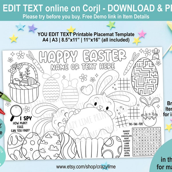 EDITABLE Kid Easter Party Placemat. Personalised Name Coloring Game Activity Table Decoration. Printable Happy Easter Rabbit Egg Bunny E103