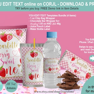 EDITABLE Strawberry 1st Birthday Party Favors Bundle Set of 4 Templates. Printable Berry Sweet One Chip Bag Candy Bar Juice Treat Label S017