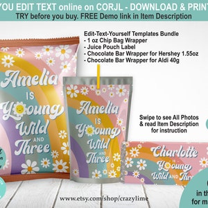 EDITABLE Young Wild and Three Girl 3rd Birthday Party Favors Bundle Set of 3 Templates. Chip Bag Chocolate Juice Treats Labels Daisy C005