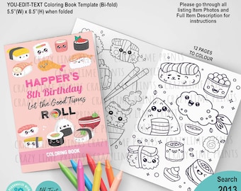 EDITABLE Sushi Birthday Party Coloring Book. 8.5 x 11 inch (5.5 x 8.5 inch after folding) Activity Booklet Printable Party Favors Gift 2037