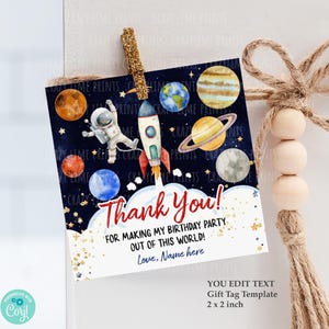 EDITABLE Astronaut Outer Space Party Favor Tag. Rocket Blast off Birthday Thank You Label Template. Astronaut Planet Gift Bag 2" Square K153