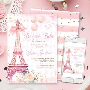 Paris Baby Shower Invitation. Bonjour Bebe French Parisian Cafe Afternoon Tea Party Invite EDITABLE Template. Pink and Gold Patisserie K152