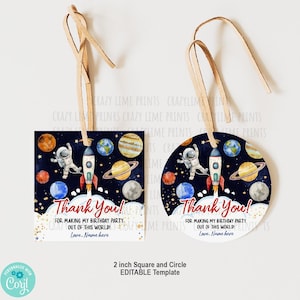 EDITABLE Astronaut Outer Space Party Favor Tag. Rocket Birthday Thank You Label Template. Blast Off Gift Bag 2 inch Circle & Square K153