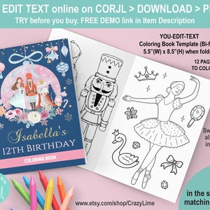 Peut inclure: Un modèle de livre de coloriage pliable avec une couverture bleu marine sur le thème de l'hiver et le texte "Isabella's 12th Birthday Coloring Book". Les pages ouvertes montrent une ballerine et un casse-noisette. Le texte "YOU EDIT TEXT online on CORJL > DOWNLOAD > PRINT" est visible.