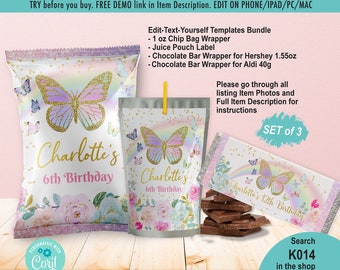 EDITABLE Butterfly Party Favors Bundle Set of 3 Templates. Girl Pastel Chip Bag Chocolate Candy Bar Juice Treats Labels. Edit Name Age K014