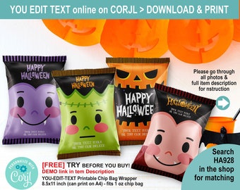 EDITABLE Halloween Chip Bag Wrapper Set Bundle Template. Personalised Party Favors Treat. Cute Frankenstein Vampire Pumpkin Characters HA928