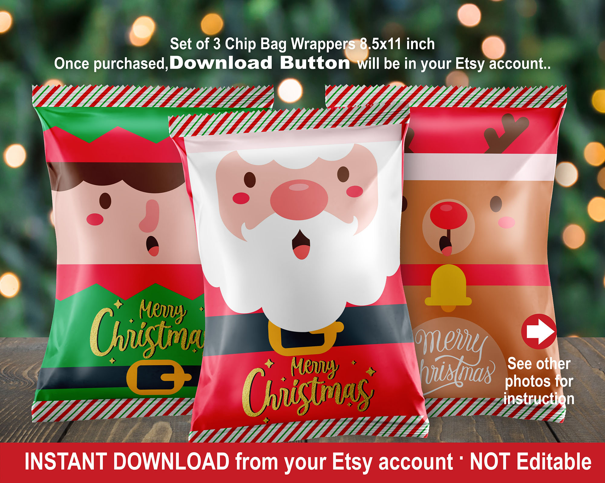 Christmas Chip Bag Wrapper Set of 3 Bundle. Printable Holiday Etsy UK