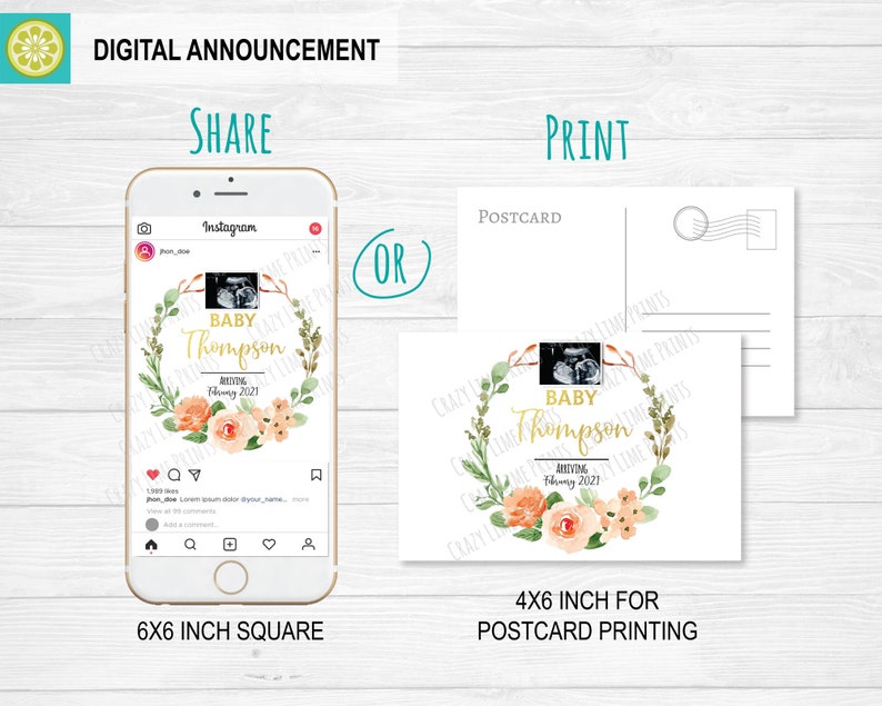 Social Media Baby Announcement Digital Pregnancy Reveal EDITABLE Template Instant Download.IG188 Rose Wreath Pregnancy Announcement