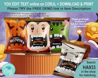 May include: Printable Halloween chip bag wrappers featuring monster designs: pumpkin, vampire, Frankenstein, and mummy. Each bag has "Happy Halloween" and space for custom text. Wrappers fit 1 oz chip bags and are 21.6 x 27.9 cm (A4 size).