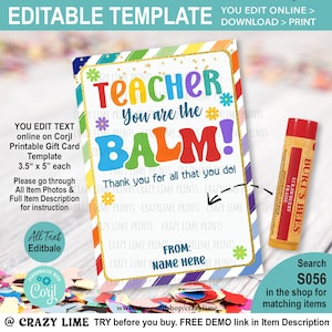 Teacher Lip Balm Gift Tag. EDITABLE Teacher Appreciation Gift Card. You're the Balm Tag. Chapstick Tag. School Preschool Gift Idea S056