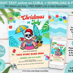 Editable Christmas in July Invitation. Beach Santa Summer Party Invite Template. Tropical Fun. You Edit Online w/ Corjl. S045