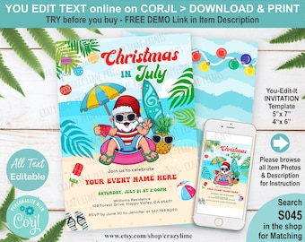Editable Christmas in July Invitation. Beach Santa Summer Party Invite Template. Tropical Fun. You Edit Online w/ Corjl. S045