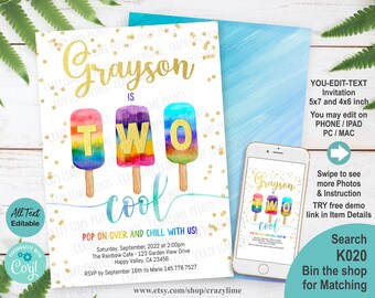 Popsicles Two Cool 2nd Birthday Party Invitation. Editable Boy Summer Party Invite Editable Template. Rainbow Gold Watercolor. Corjl K020