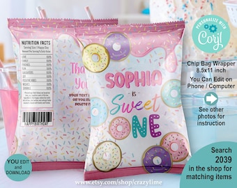 EDITABLE Donut 1st Birthday Chip Bag Wrapper Template. Personalised Party Favors Treat. Pastel Sweet One. Printable Snack Goodie. Corjl 2039