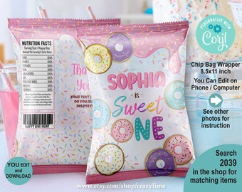 EDITABLE Donut 1st Birthday Chip Bag Wrapper Template. Personalised Party Favors Treat. Pastel Sweet One. Printable Snack Goodie. Corjl 2039