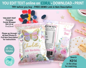 EDITABLE Butterfly Birthday Fruit Candy Snack Wrapper Template. Pastel Floral Girl Party Favor. Personalised Name Pink Treat Package K014