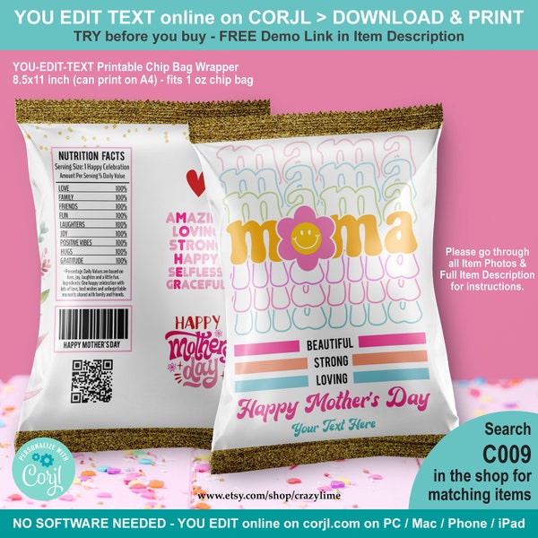 EDITABLE Happy Mother's Day Chip Bag Wrapper Template. Hippie Retro Mama Party Favors Candy Crisp Treat Label. Personalised Text Name C009