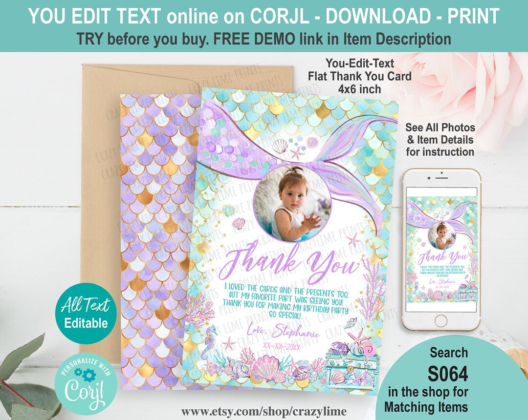 Editable Mermaid Thank You Note Card With Photo. Personalised Text ...