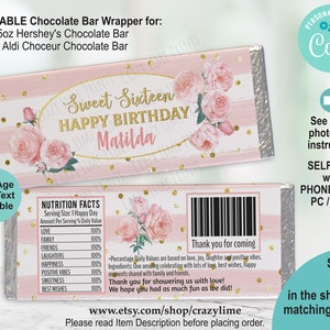 EDITABLE Pink Rose Sweet Sixteen 16 Chocolate Candy Bar Wrapper ...