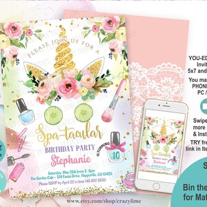 May include: An editable invitation for a Spa-tacular birthday party featuring a unicorn, flowers, and nail polish. The invitation is pink, purple, and green with gold glitter. The text reads "Spa-tacular Birthday Party Stephanie" and includes the date, time, and location. The invitation is available in 5x7 and 4x6 inch sizes.