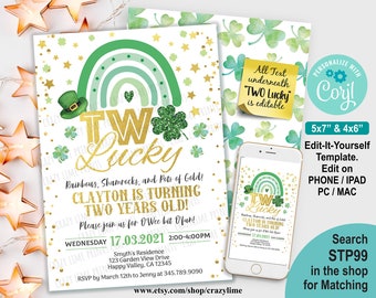 EDITABLE St Patrick's Day Two Lucky Second Birthday Invitation Template. Printable Boy / Girl 2nd Birthday Invite. Rainbow, Pink Gold. STP99