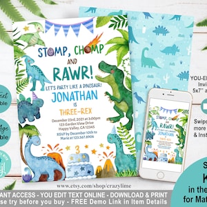 Dinosaur Three-Rex 3rd Birthday Invitation. Cute Dino Boy Kids Birthday Party Invite. Jurassic Pink T-rex Editable Digital Download K017