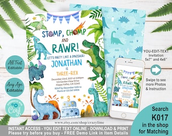 Dinosaur Three-Rex 3rd Birthday Invitation. Cute Dino Boy Kids Birthday Party Invite. Jurassic Pink T-rex Editable Digital Download K017