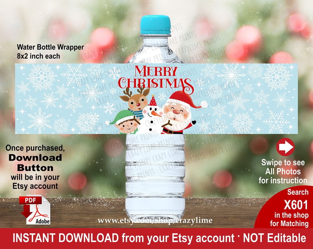 Christmas Water Bottle Label. Printable Holiday Party Favor. Santa Elf ...