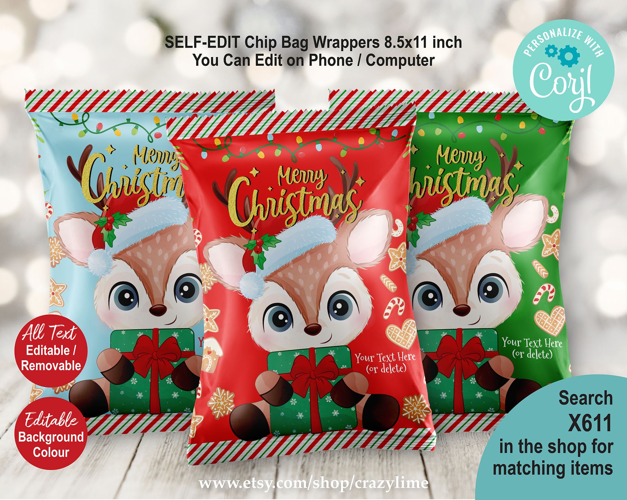 Christmas Chip Bag Wrapper EDITABLE Template. Personalised Party