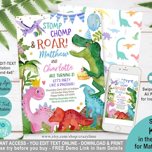 Editable Dinosaur Twins Girl Boy Birthday Party Invitation. Cute Dino Little Kids Joint Party Invite. Jurassic Blue Pink T-rex Digital K013