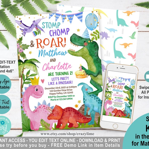 Editable Dinosaur Twins Girl Boy Birthday Party Invitation. Cute Dino Little Kids Joint Party Invite. Jurassic Blue Pink T-rex Digital K013