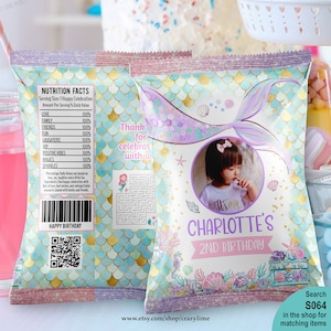 EDITABLE Mermaid Birthday Photo Chip Bag Wrapper Template. Pool Party Favors Candy Crisp Treat Label Printable Instant Download Purple S064