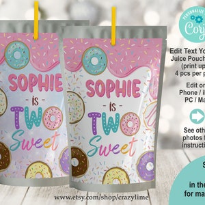 EDITABLE Donut Two Sweet 2nd Birthday Juice Pouch Label. Printable Juice Bag Label Template. Girl Kids Party Favor 2039