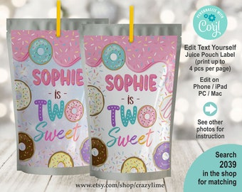 EDITABLE Donut Two Sweet 2nd Birthday Juice Pouch Label. Printable Juice Bag Label Template. Girl Kids Party Favor 2039