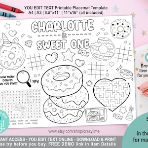 EDITABLE Donut Sweet One 1st Birthday Party Placemat. Personalised Coloring & Game Table Decoration. Favors. Printable Digital. Corjl 2039