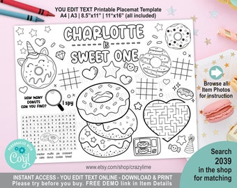 EDITABLE Donut Sweet One 1st Birthday Party Placemat. Personalised Coloring & Game Table Decoration. Favors. Printable Digital. Corjl 2039