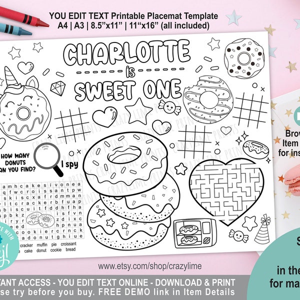 EDITABLE Donut Sweet One 1st Birthday Party Placemat. Personalised Coloring & Game Table Decoration. Favors. Printable Digital. Corjl 2039