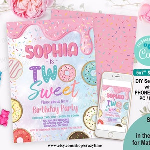 Editable Donut Two Sweet 2nd Birthday Party Invitation Template. Printable Digital Girl Second Birthday Invite. Pastel Rainbow Sprinkle 2039