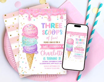 Three Scoops of Fun Ice Cream 3rd Birthday Invitation | Pastel Pink Purple Party  (Digital Download) CK026