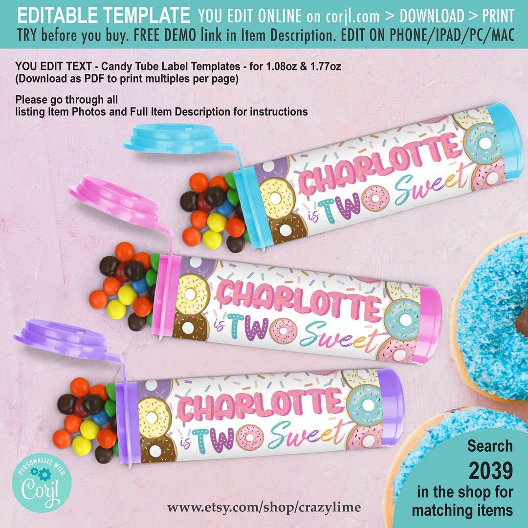 EDITABLE Donut Two Sweet Candy Tube Label 1.77oz & 1.08oz Template ...
