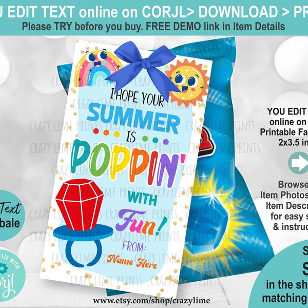 EDITABLE Pop Summer Candy Ring Gift Tag. Have a Poppin' Summer Vacation Label. End of School Year Classroom Kid Class Party Favor Goody S025